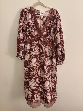Brown Floral Lace-Trim Midi Dress